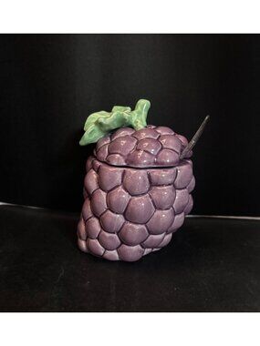 Ceramic Purple Grape Jam Sugar Jar With Lid Spoon Green Leaf Accent Vintage 80s